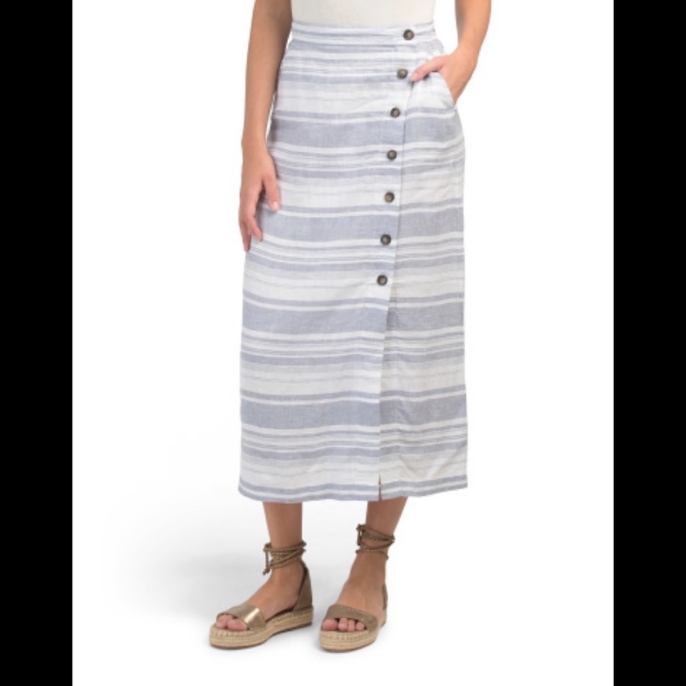 Linen Yarn Dyed Stripe Pull On Button Front Skirt